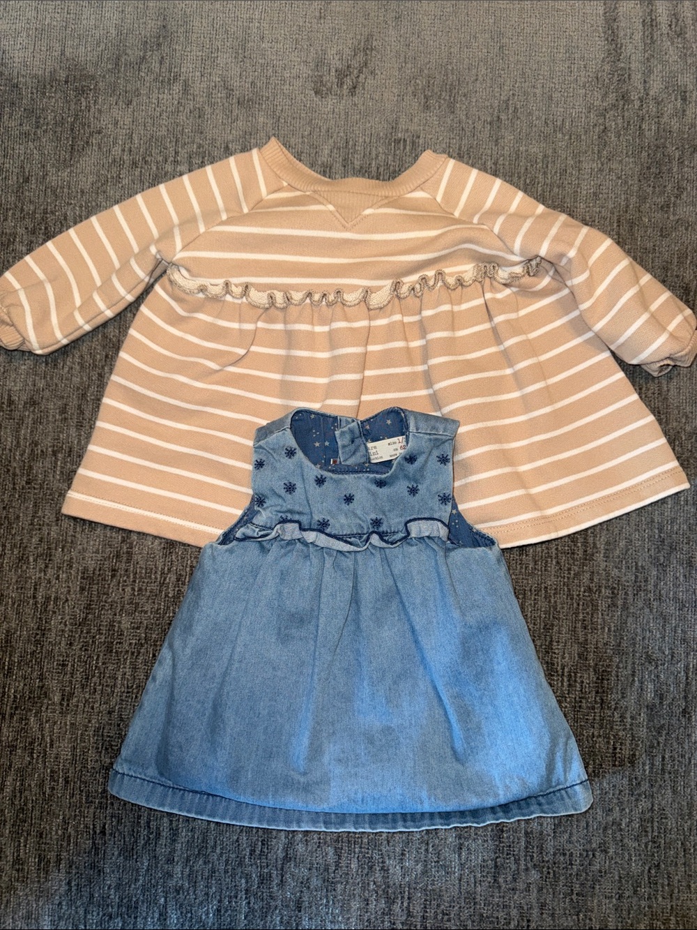 Beige Striped Ruffle Top & Blue Denim-Look Dress Set for Kids